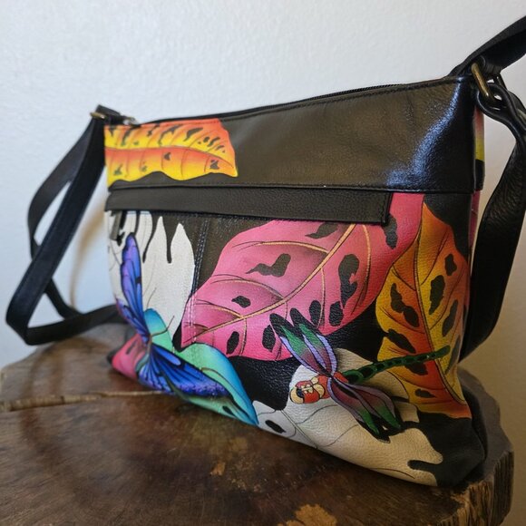 Anna by Anuschka Hand Painted Leather Crossbody Bag Butterfly Dragonfly New - Picture 12 of 16
